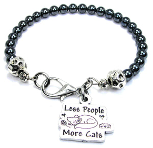 Less People More Cats Hematite Beaded Bracelet