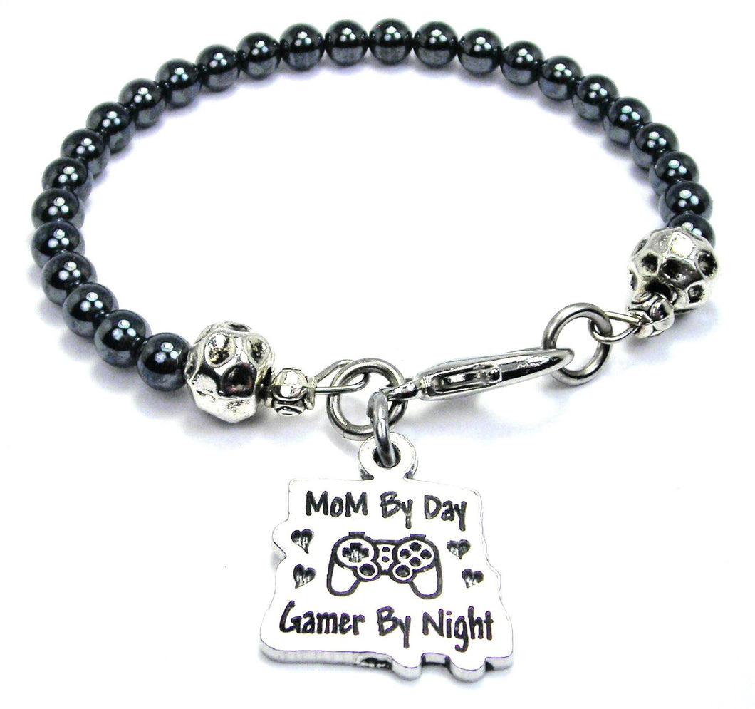 Mom By Day Gamer By Night Hematite Beaded Bracelet